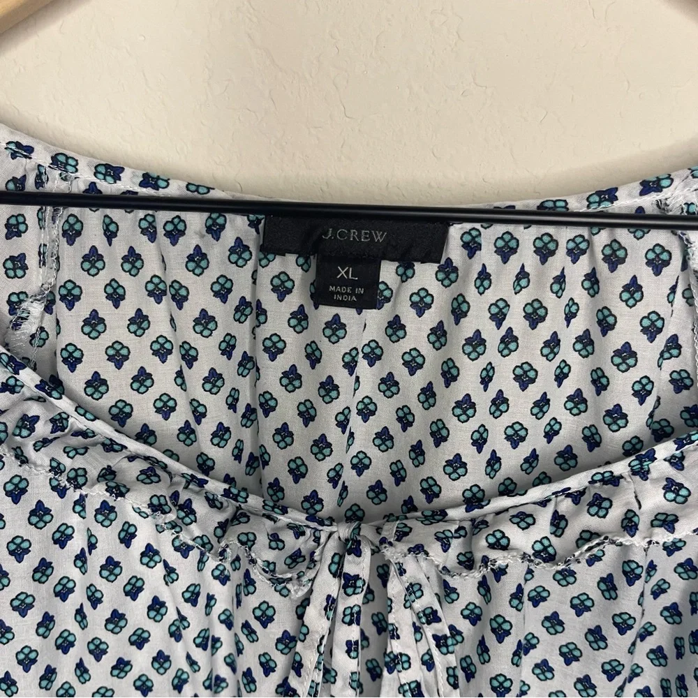 J. Crew White Blouse with Navy and Light Blue Border Print